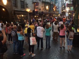 Crowds at the Gringotts dragon at Universal