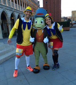 Yvonne and I at the Italy Pavilion in Epcot during the Enchanted 10k with our man Jiminy Cricket.