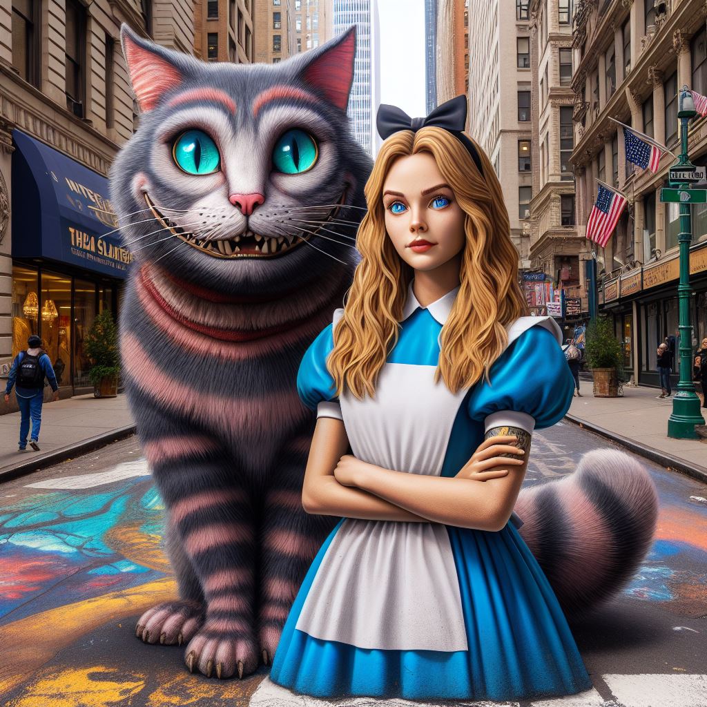 Alice and the Cheshire Cat in Manhattan