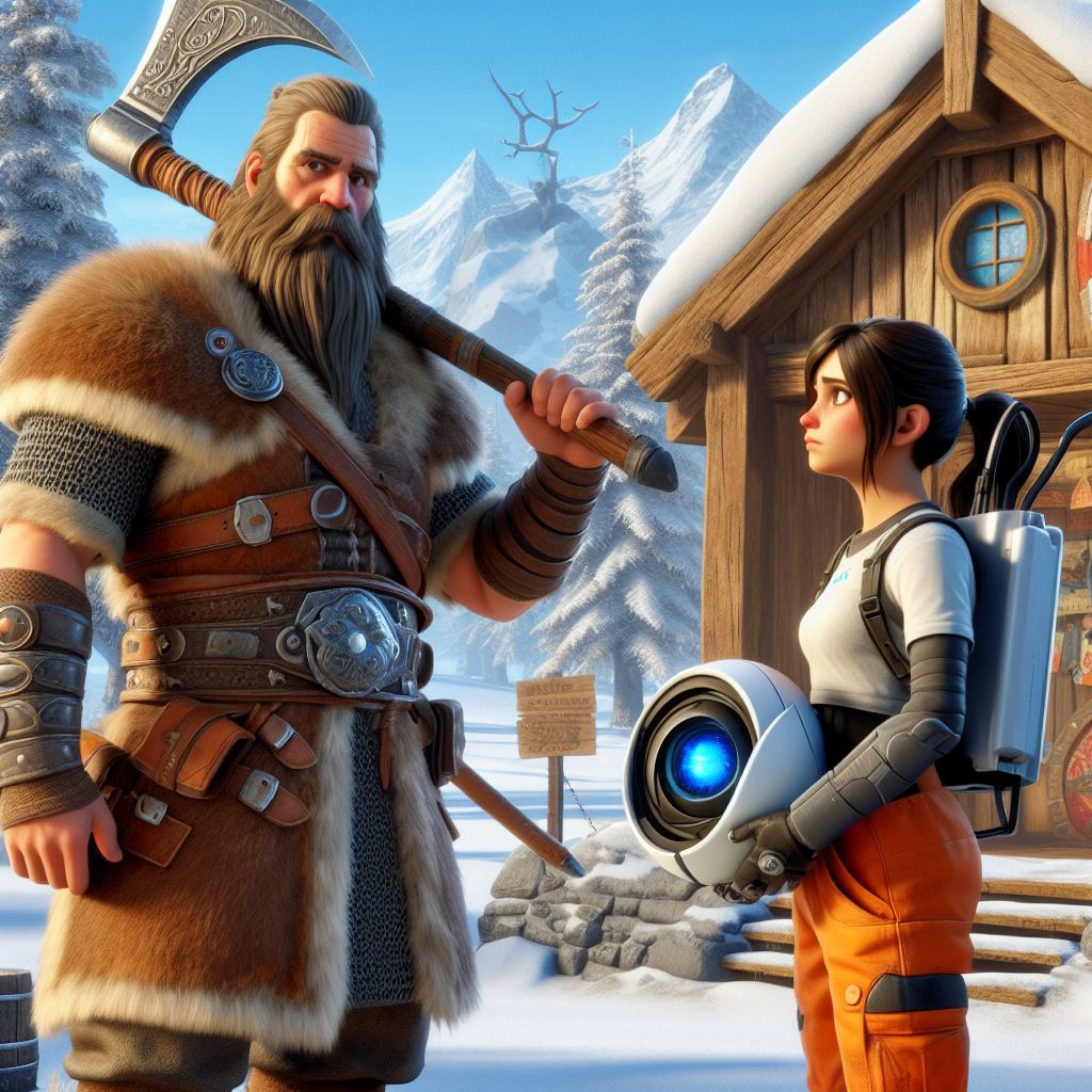 Chell from Portal in the world of Valheim